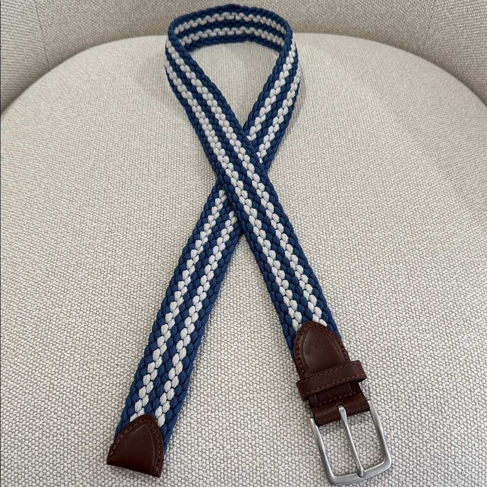 Southern Tide Braided Blue & White Woven Men's Belt with Brown Leather Trim - Picture 2 of 2